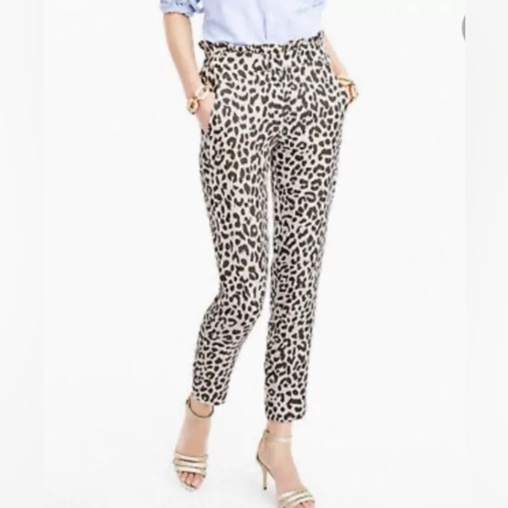 J. Crew paperbag ruffle waist linen ankle pants leopard print sz 2 WP272